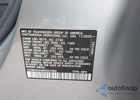 2021 Volkswagen Atlas 3.6L V6 Sel R-Line from USA, damaged, VIN 1V2SR2CA4MC547659